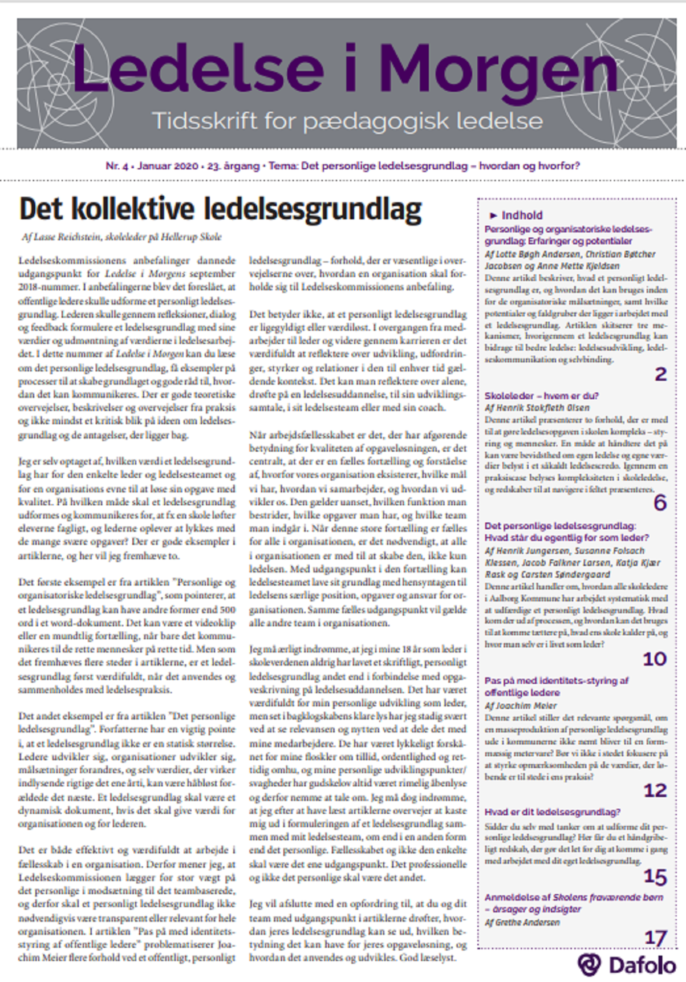 Ledelse i Morgen. Årgang 23 Nr. 4. Januar 2020 (E-tidsskrift - Dafolo